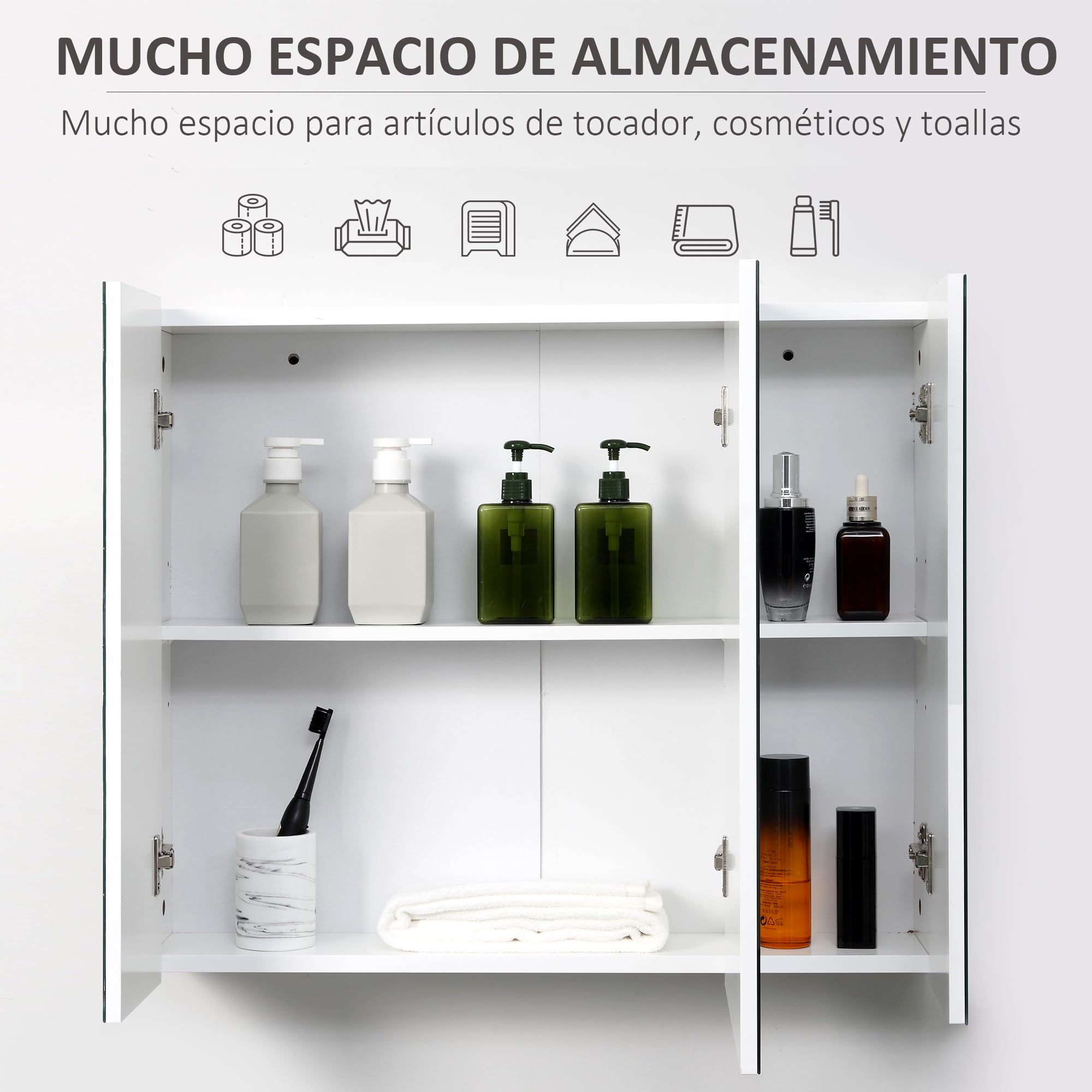 kleankin Mueble de Baño con Espejo Mueble de Pared para Baño con 3 Puertas y Estantes Internos Ajustables 70x15x60 cm Blanco