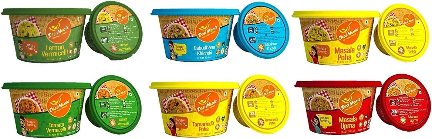 Ready To Eat Breakfast & Travel Food Weekly Pack of 6 (Lemon & Tomato Vermicelli, Masala & Tamarind's Poha, Masala Upma, Sabudhana Khichdi)
