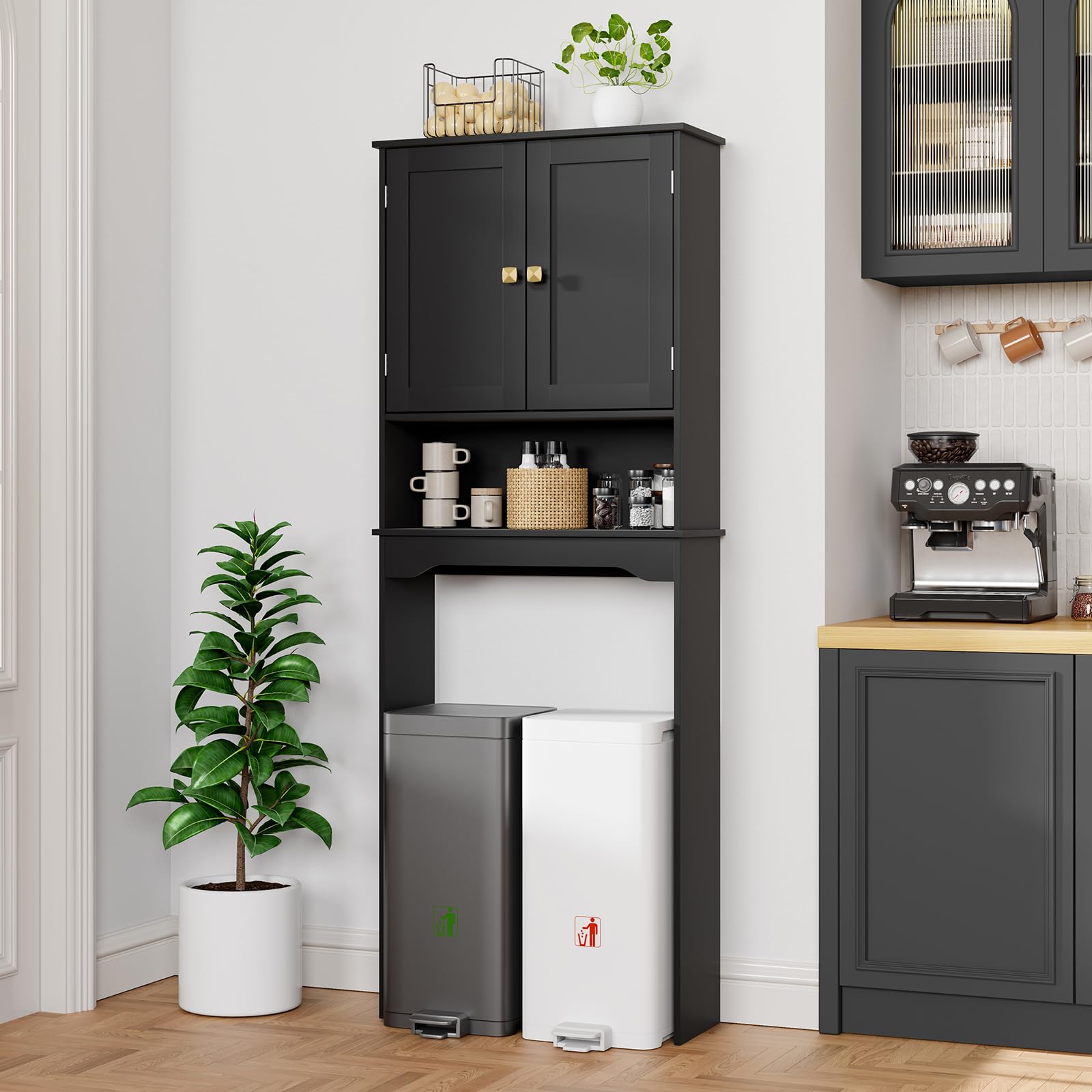 RRX WC-Aufbewahrungsschrank, Badezimmer-Organizer, 63 x 23 x 160 cm (L x B x H), freistehender Toilettenständer mit verstellbarem Regal und offenem Stauraum, Doppeltüren (Schwarz)