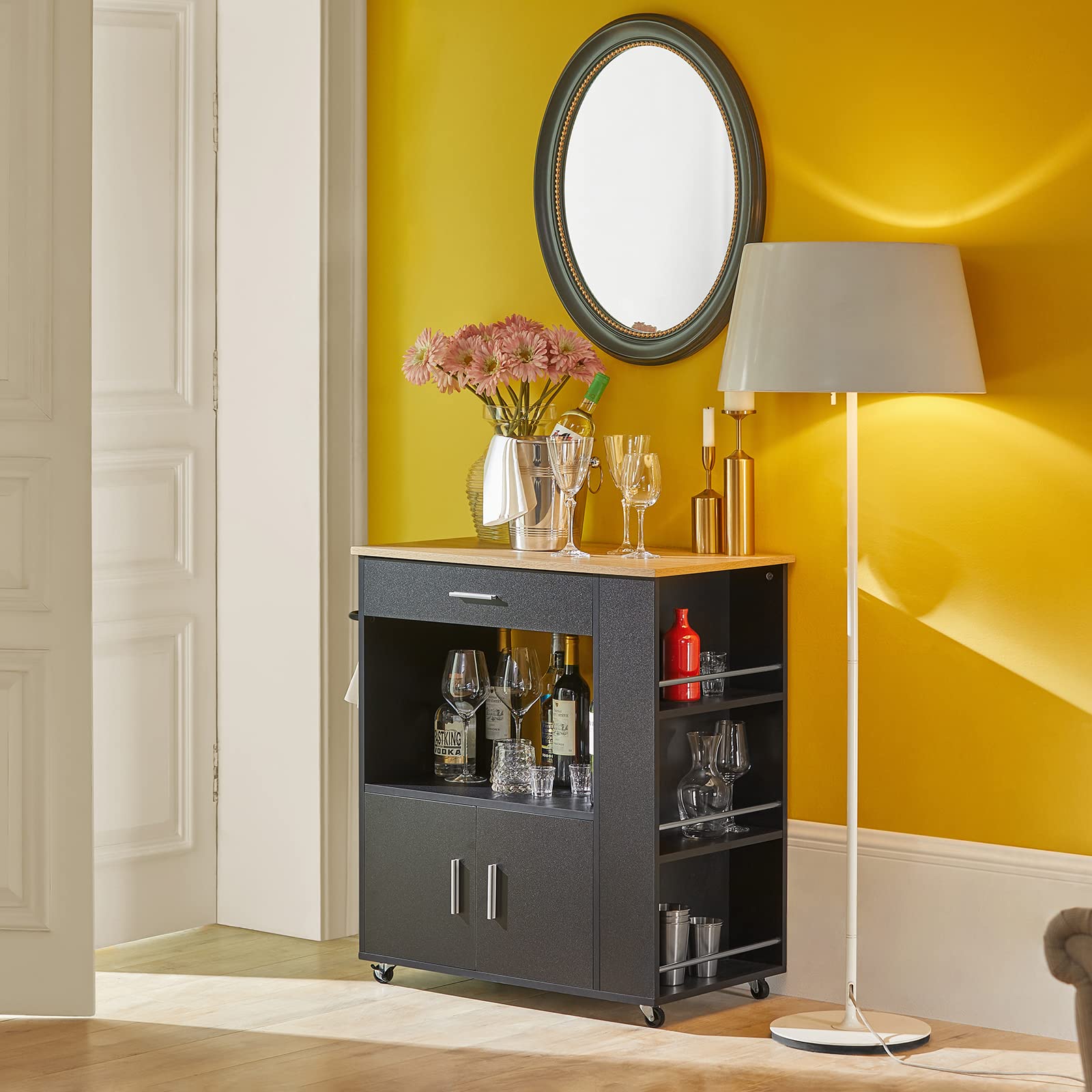 SoBuy Mobile Cucina Salvaspazio Credenza Cucina Carrello Cucina con Ruote Mobiletto Cucina Dispensa Madia Cucina Mobile Cucina con Ripiani nero 82x46x88 cm FKW113‑SCH