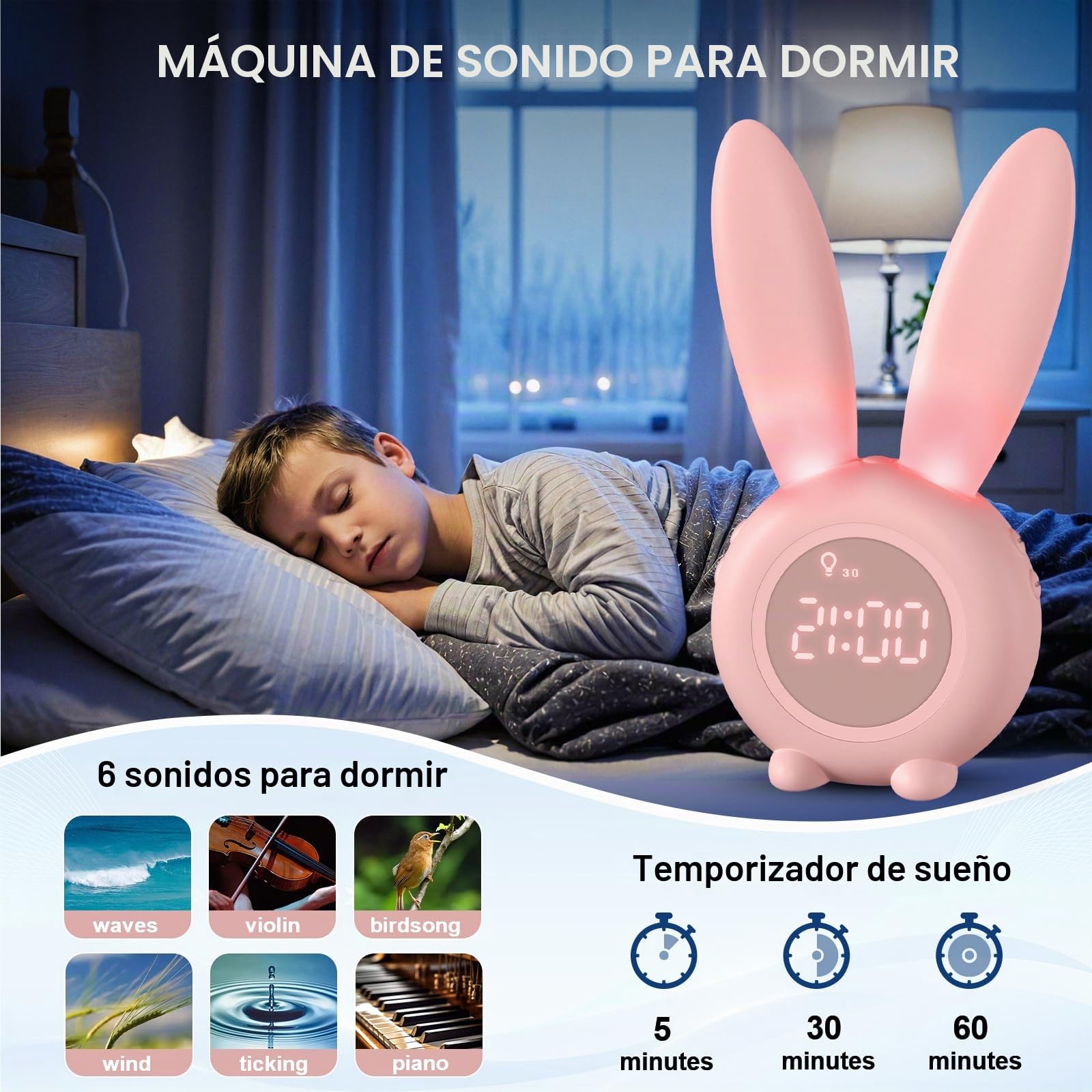 Homealexa Reloj Despertador de Conejo, Conejito Animal Lindo mesita de Noche con luz Nocturna + 6 música Interesante + Función de Cuenta Regresiva, Regalo para niños niños Estudiantes
