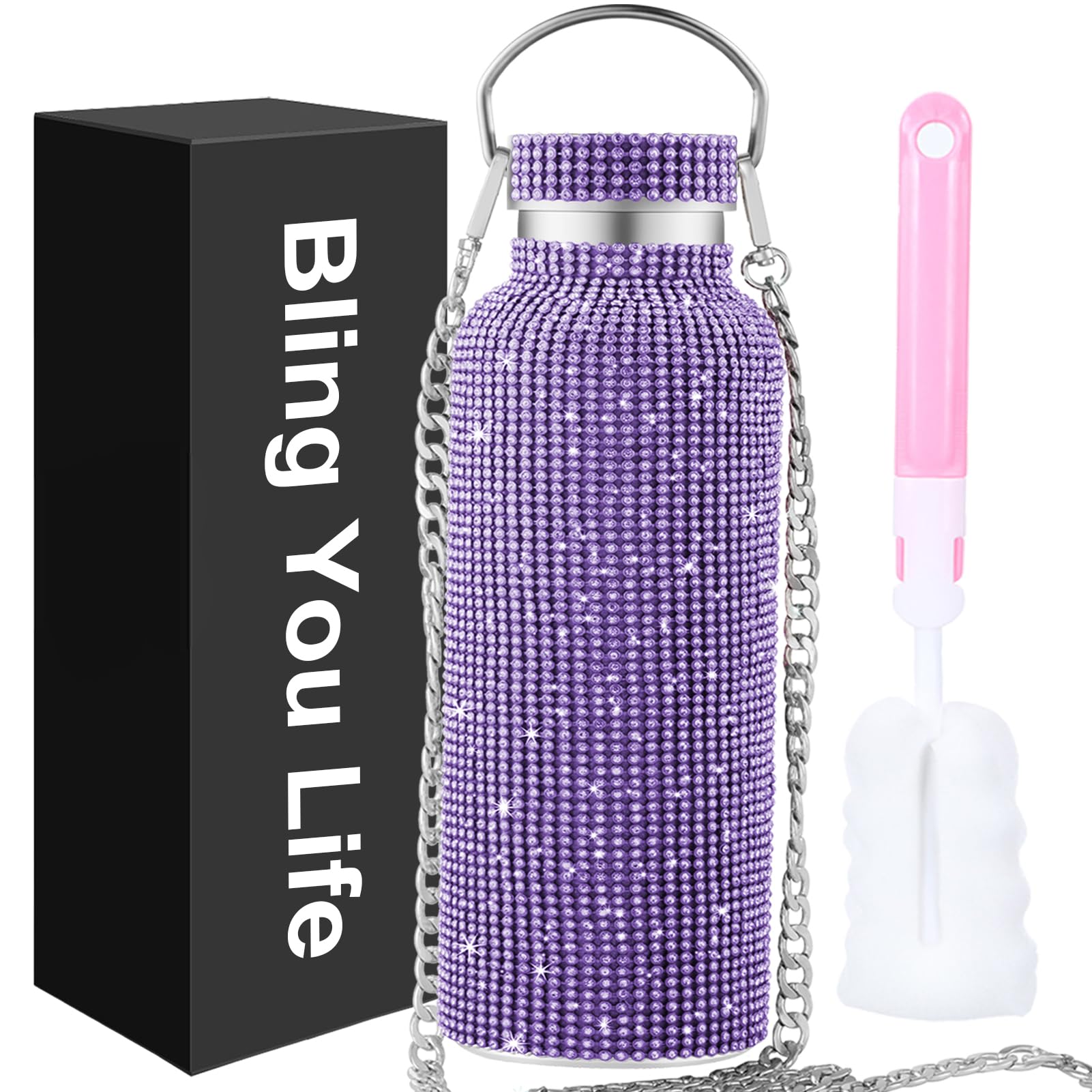 Bling Water Bottle Rhinestone,Diamond Cup,Glitter Stainless Steel Thermal Bottle with 55In Chain,Sparkly Gifts for Girls Women,Rhinestone Tumbler for Anniversary,Birthday (Purple) โ image 1