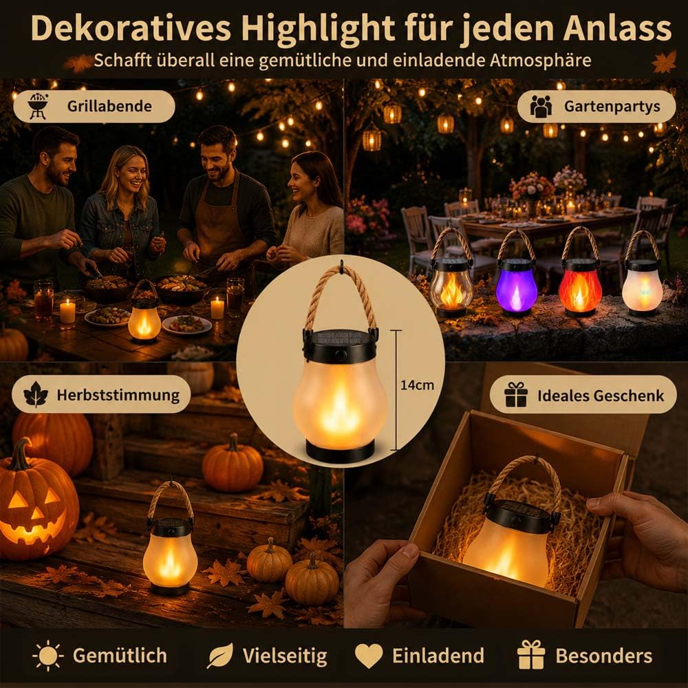 Klynero Solar-Laterne Mit Flammeneffekt,Klynero Solar Laterne,Wasserfest Flammenlaterne FüR AußEn,Usb - Aufladung,FüR AußEn Halloween Dekoration (Bunt,2)
