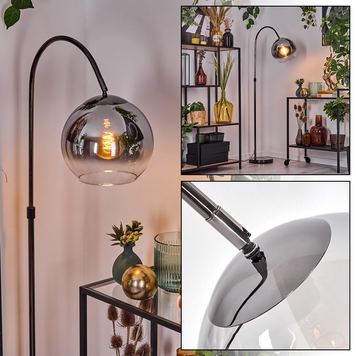 HOFSTEIN Stehleuchte Koyoto, Stehlampe aus Metall/Glas in Schwarz/Chrom/Rauch/Klar, verstellbare Leuchte im Retro/Vintage-Design, Ø 25 cm, Fußschalter, 140 cm, E27, Wohnzimmer, Schlafzimmer, Flur