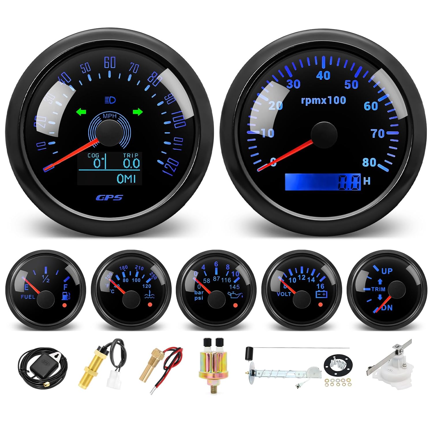 MH 7 Boat Gauge Set - 3-3/8" GPS Speedometer, Tachometer, 2-1/16" Oil Pressure Gauge,Fuel Level,Water Temperature,Voltmeter,Trim Marine Meter Kit Waterproof 7 Color for AUTO (Black)