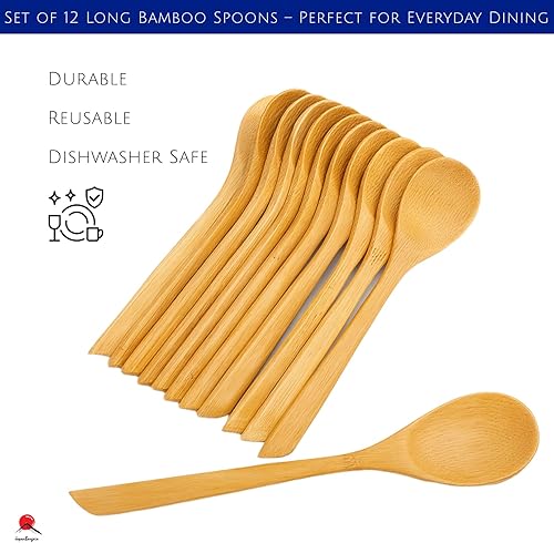 Vista 25 de JapanBargain, Juego de cucharas de bambú de 10 piezas, cucharas de madera reutilizables de 8 pulgadas para niños, aperitivo, postre, helado, yogur