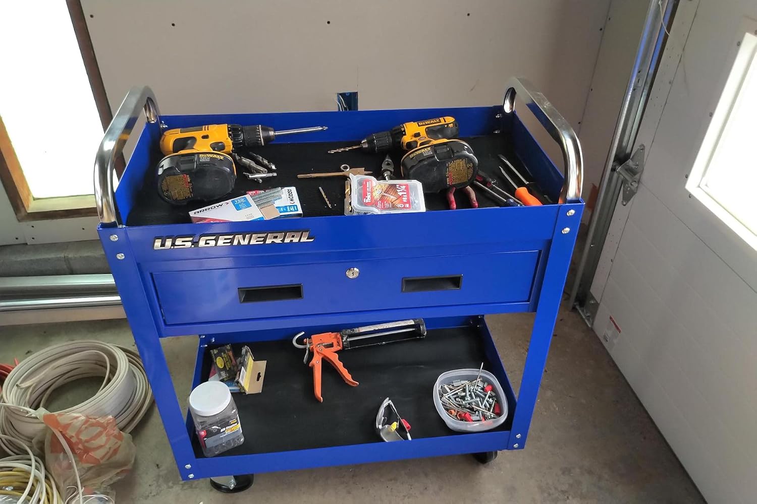 30 in. Large 350 lb. Capacity Glossy Blue Service Cart With Locking Drawer