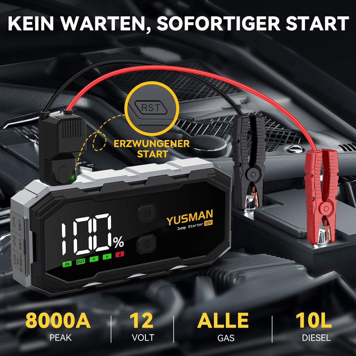 YUSMAN Starthilfe Powerbank für PKW | 8000A Autobatterie Booster für alle Fahrzeuge & 10.0L Diesel mit LED-Taschenlampe, Großdisplay & Springkabel – Ideal für SUV, Motorräder, Rasenmäher