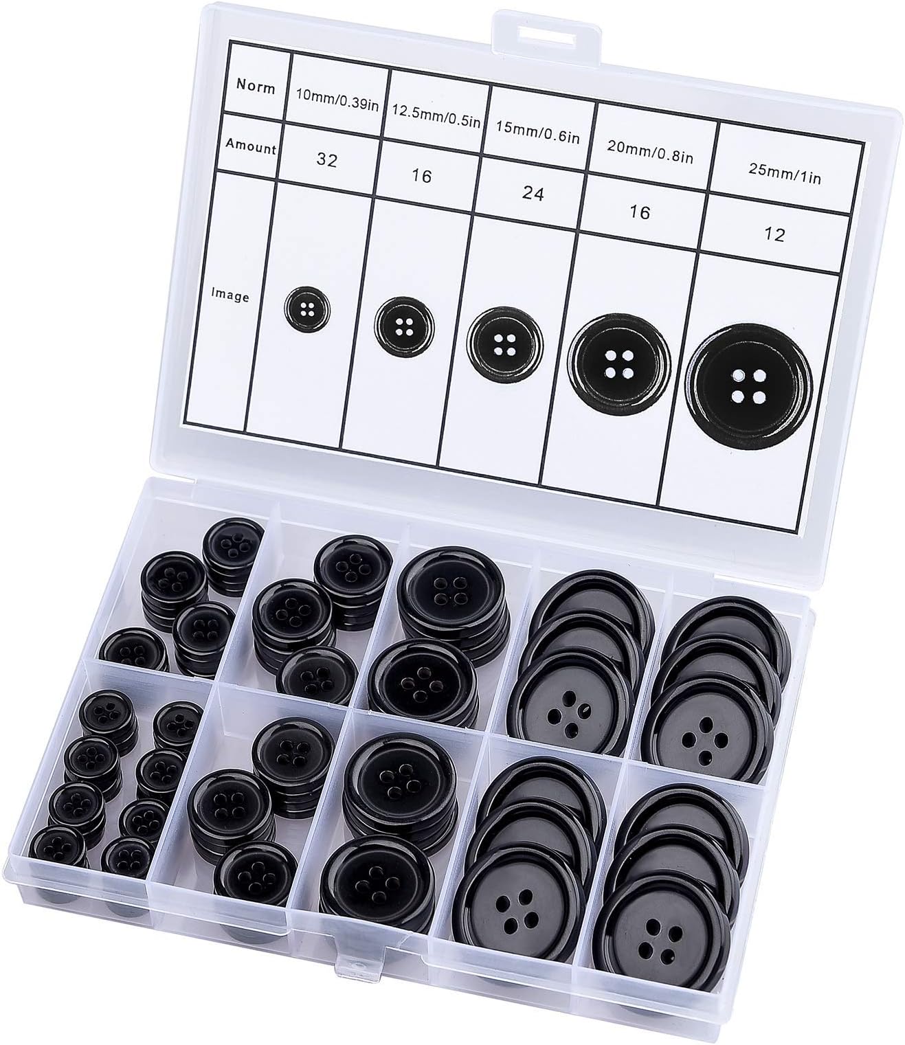 100 Pcs Premium Mixed Resin Sewing Buttons, ONLYWEE Eco-Friendly 4-Hole Craft Buttons, 5 Sizes of Black Buttons Suitable for Sewing, DIY and Holiday Decoration(Black)