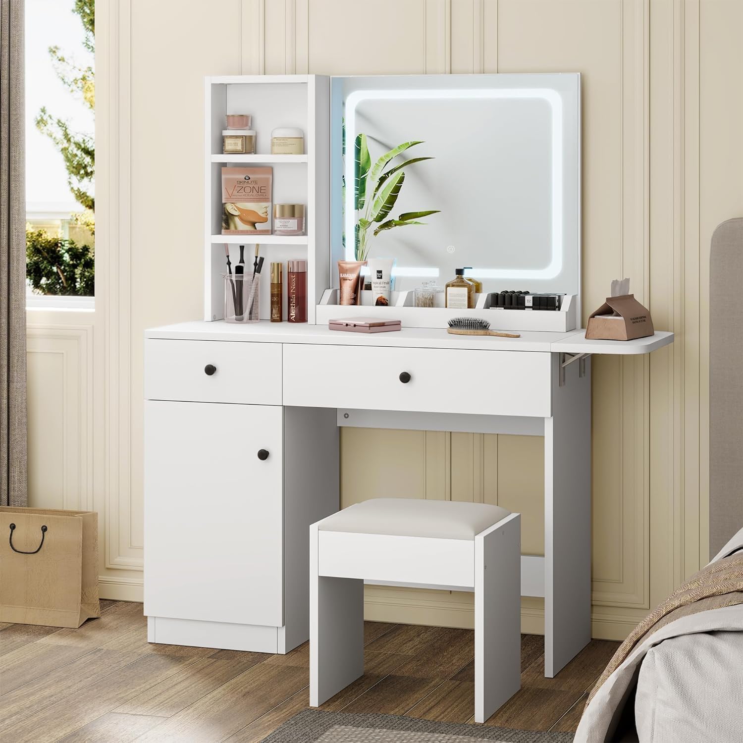 Vanity Desk with Drawers & Led Lighted Mirror & Power Outlet & Cabinet, Vanity Stool Set with Storage, Stylish Dressing Table Bedroom Makeup Table Set (White)