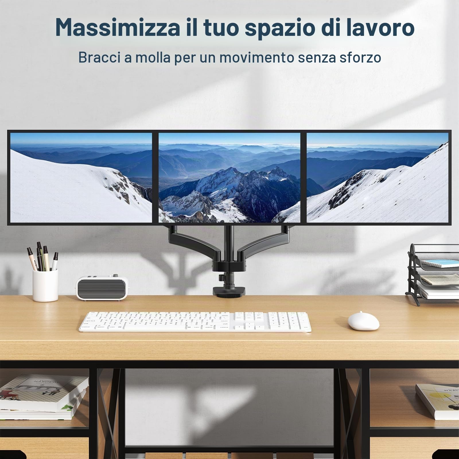 Supporto per monitor 3 monitor, WORLDLIFT Premium in alluminio Supporto per 3 monitor per schermi LCD LED da 17“-27”, supporto da tavolo regolabile in altezza, 7 kg/braccio, vesa 75/100 mm