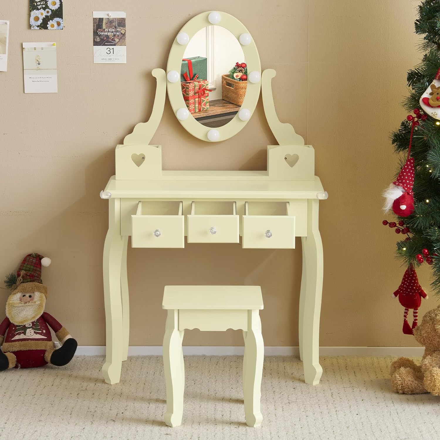 Girls Makeup Vanity Set,Dressing Table Desk with Lighted Mirror and Stool, Makeup Table with 3 Drawers for Bedroom,Bathroom (Yellow)