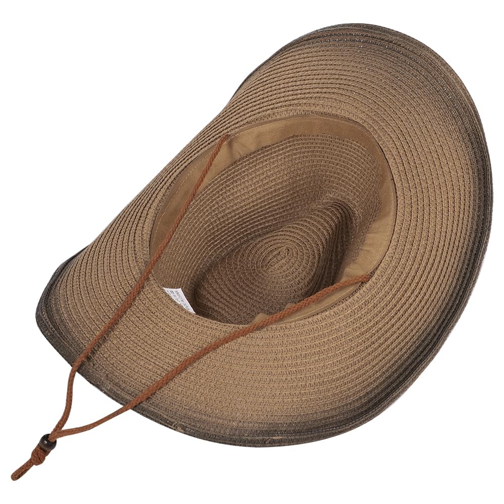 Western Cowboyhut mit Stierkopf Dekor Westernhut Breit Krempe Cowboyhut mit Verstellbar Kordelzug Strohhut UV Schutz Panamahut Unisex Retro Sonnenhut Faltbar Outdoorhut für Wandern Camping Reisen