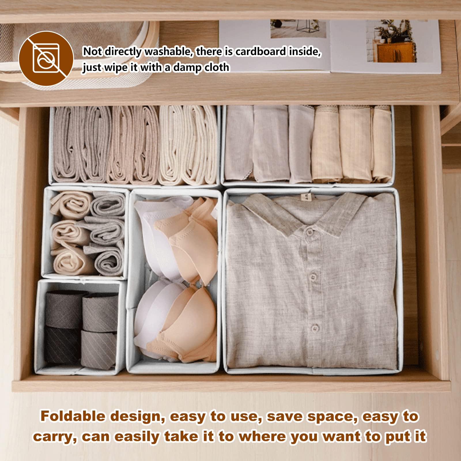 Kinsinder Lot De 6 Boîtes De Rangement Pliables En Tissu - Organisateurs Tiroirs Sous-vêtements Beige