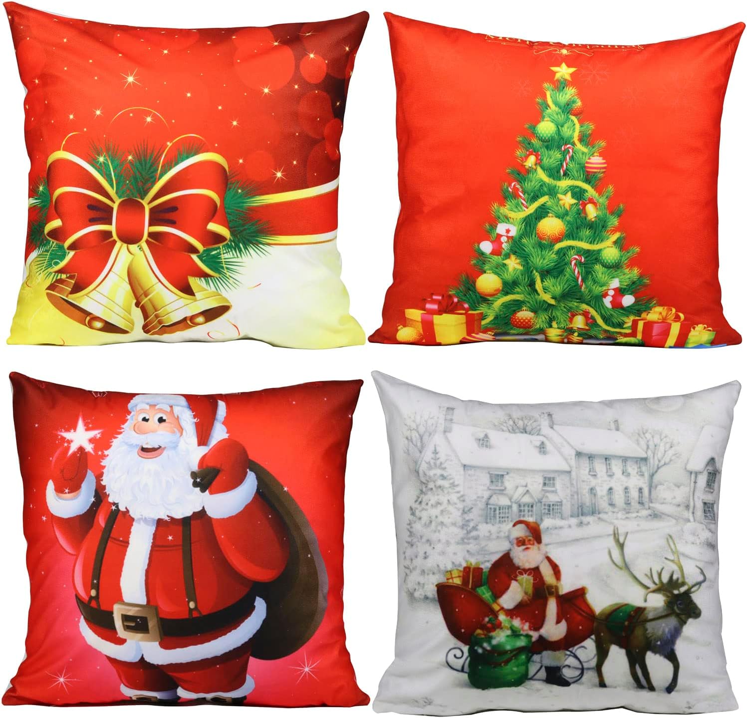 EURhine Christmas Throw Pillow Covers 18x18 Inch Set of 4 Xmas Pillow Covers Squared Throw Pillows Case for Home Decor Sofa Cushion Xmas Santa Claus Decoration Pillowcase Sets B