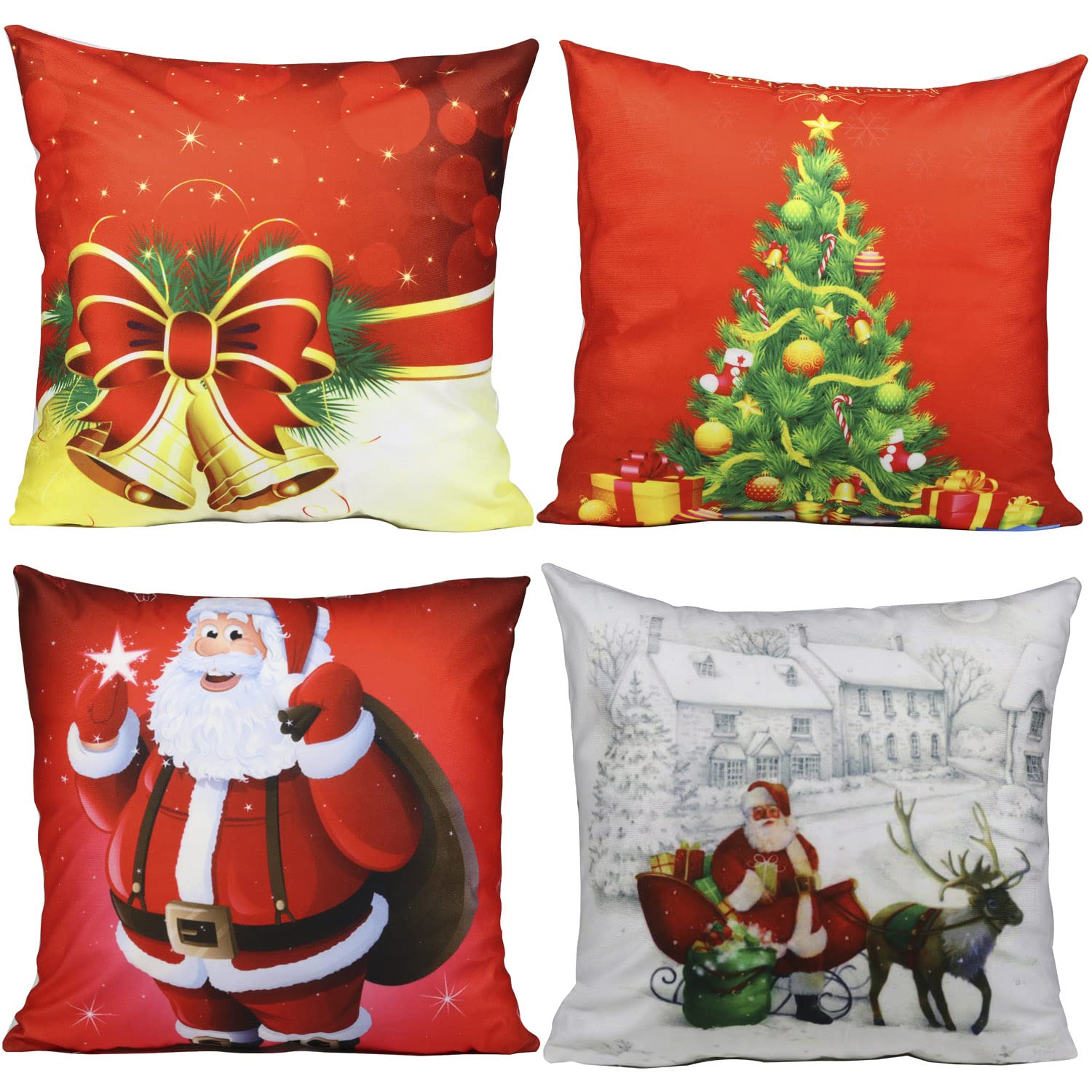 EURhine Christmas Throw Pillow Covers 18x18 Inch Set of 4 Xmas Pillow Covers Squared Throw Pillows Case for Home Decor Sofa Cushion Xmas Santa Claus Decoration Pillowcase Sets B