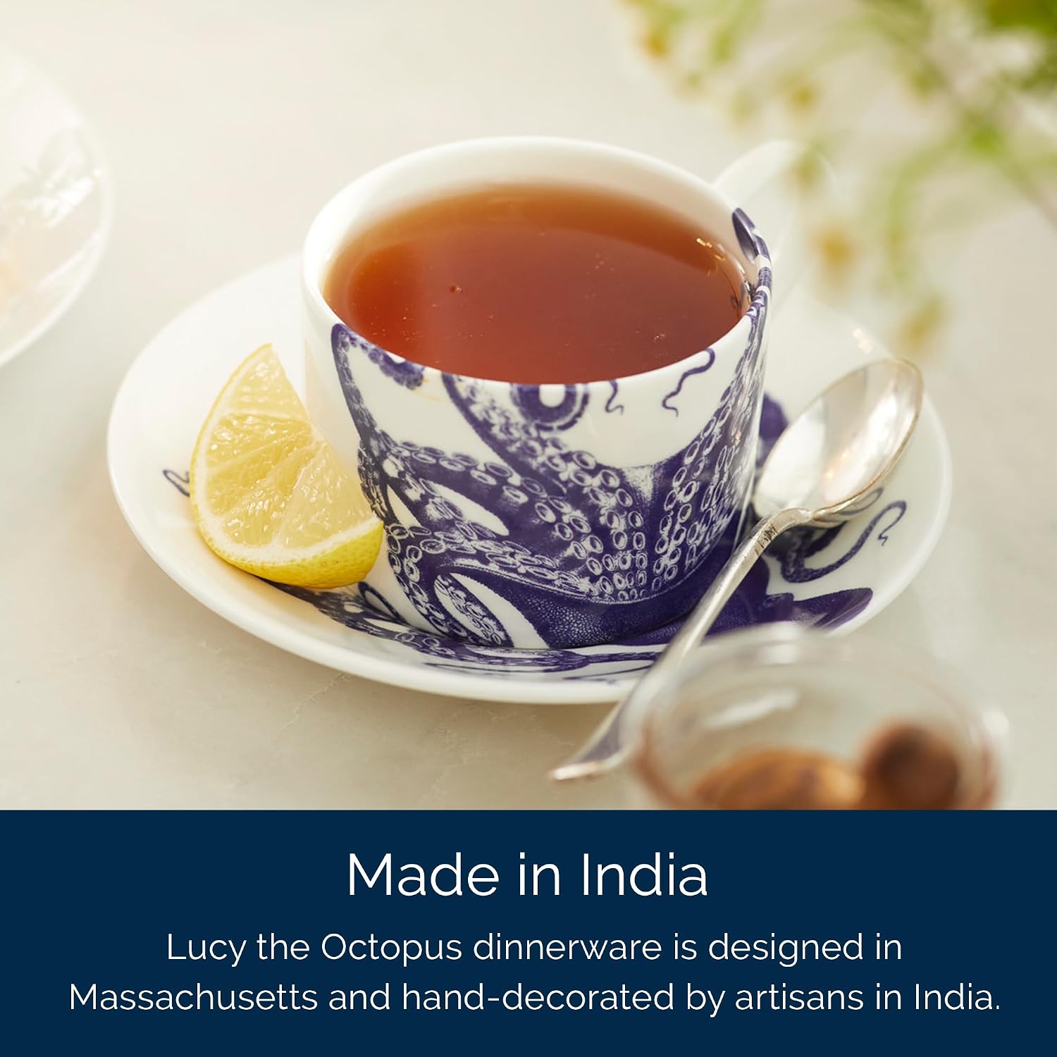 Caskata Lucy the Octopus Cups and Saucers Set of 2 | Bone China Blue Teacups and Saucers for Entertaining or Everyday | Perfect for Wedding, Birthday, Christmas & Holiday Gifts | 6 oz