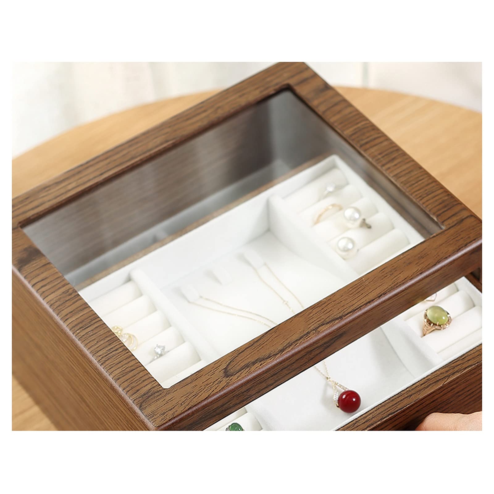 Caja de Almacenamiento de joyería de Nuez Negra Caja de joyería de Escritorio de 2 cajones con Mango de latón Caja de Almacenamiento de cajón de Escritorio con Vidrio Ventana Visible