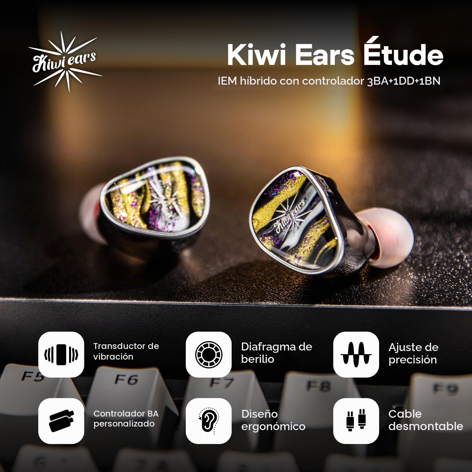 Linsoul Kiwi Ears Étude in Ear Monitor, Auriculares Híbridos IEM 3BA+1DD+1BN, Audífonos para Gaming, Cascos Estéreo HiFi con Cable Desmontable de 2 Pines para Músicos Audiófilos