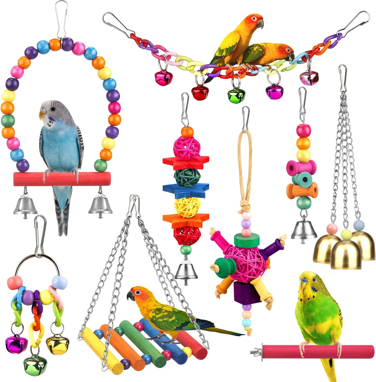 Bird Toys for Conures with Colorful Ladder Hammock Cage Accerious Bird Perch Stand Chewing Toys Hanging Bell Parrot Parakeet Cockatiel Lovebirds