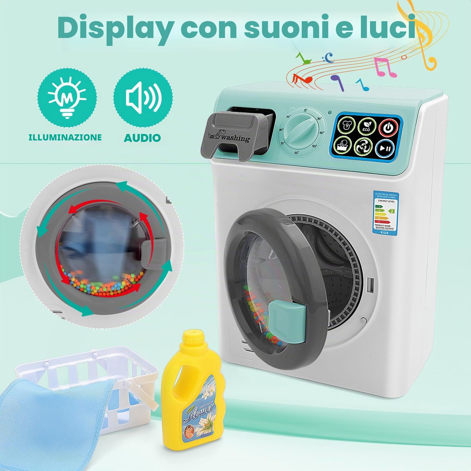 deAO Lavatrice Giocattolo per Bambini, Elettronico Giocattolo Lavatrice con Suoni Realitici, Detersivo, Cesto Della Biancheria, Gioco di Lavanderia per Bambini