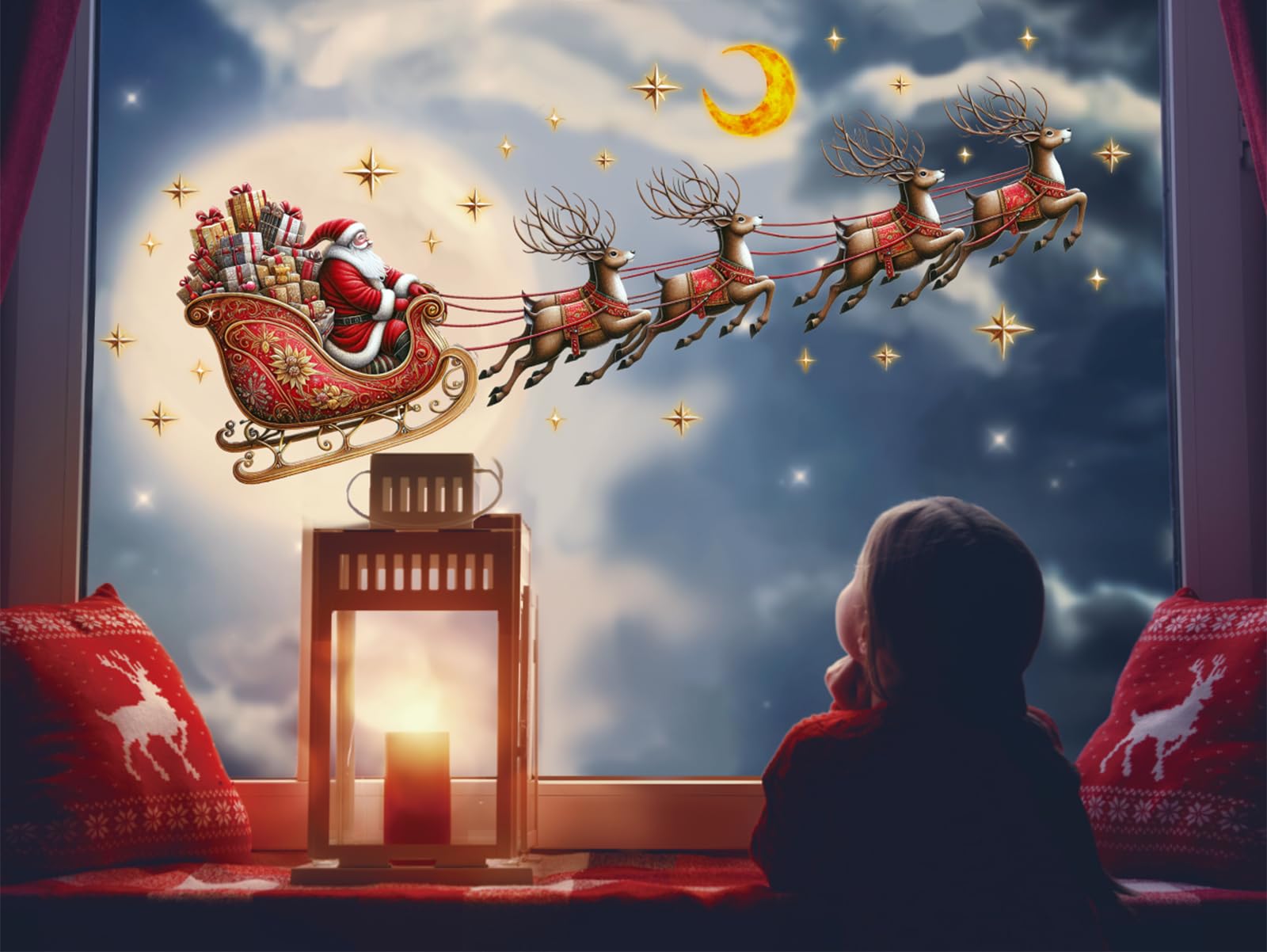 JarThenaAMCS Calcomanías de ventana de Navidad con diseño de renos de Papá Noel, calcomanías de vidrio de doble cara para decoración de fiestas en el hogar de Navidad, 6 hojas