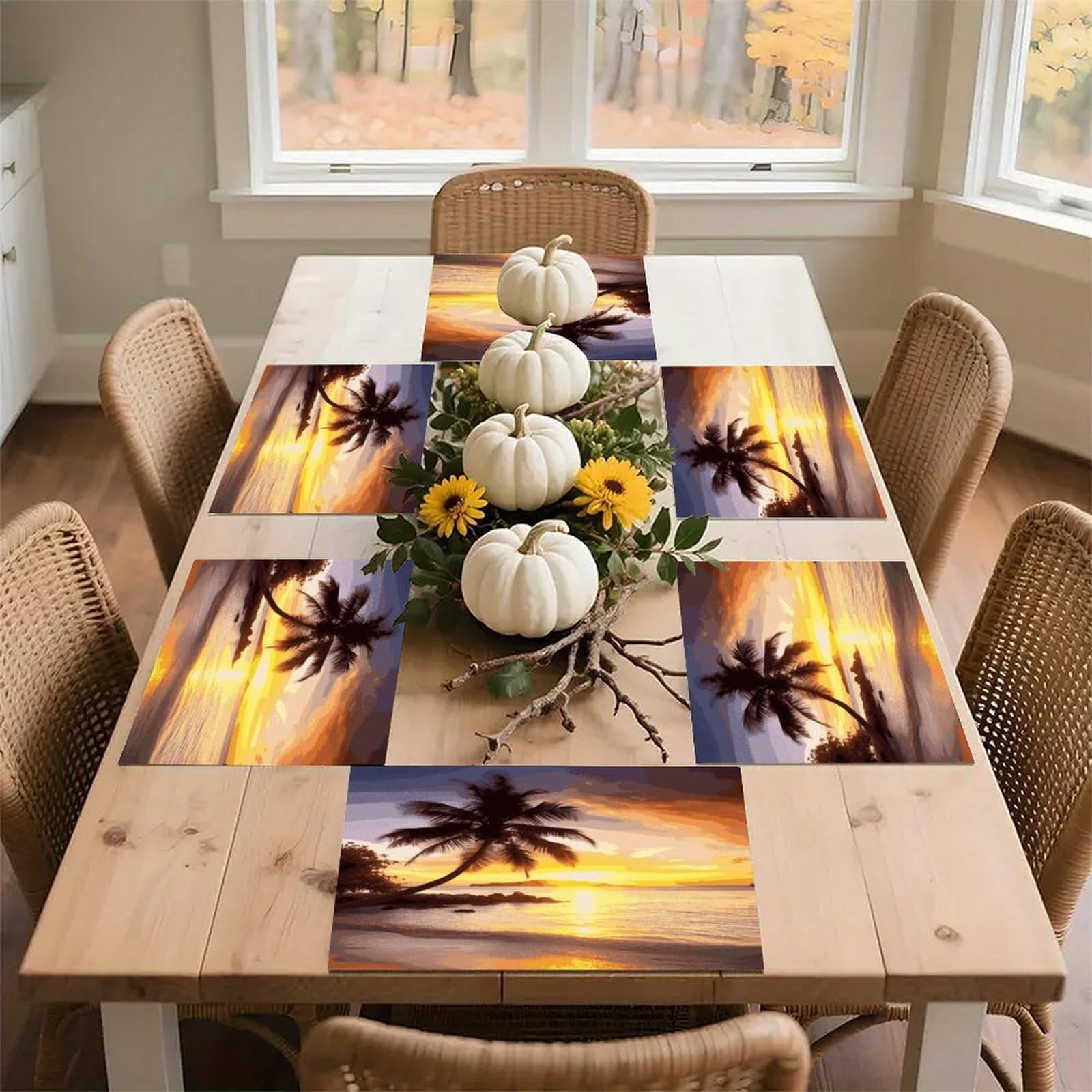 Sunrise Tropical Palm Tree Island Placemats Wipeable Heat Resistant Table Mats Washable Flax Place Mats Elegant Cloth Non-Slip Placemat for Kitchen Dinning Party Table Decor 12 * 18 in