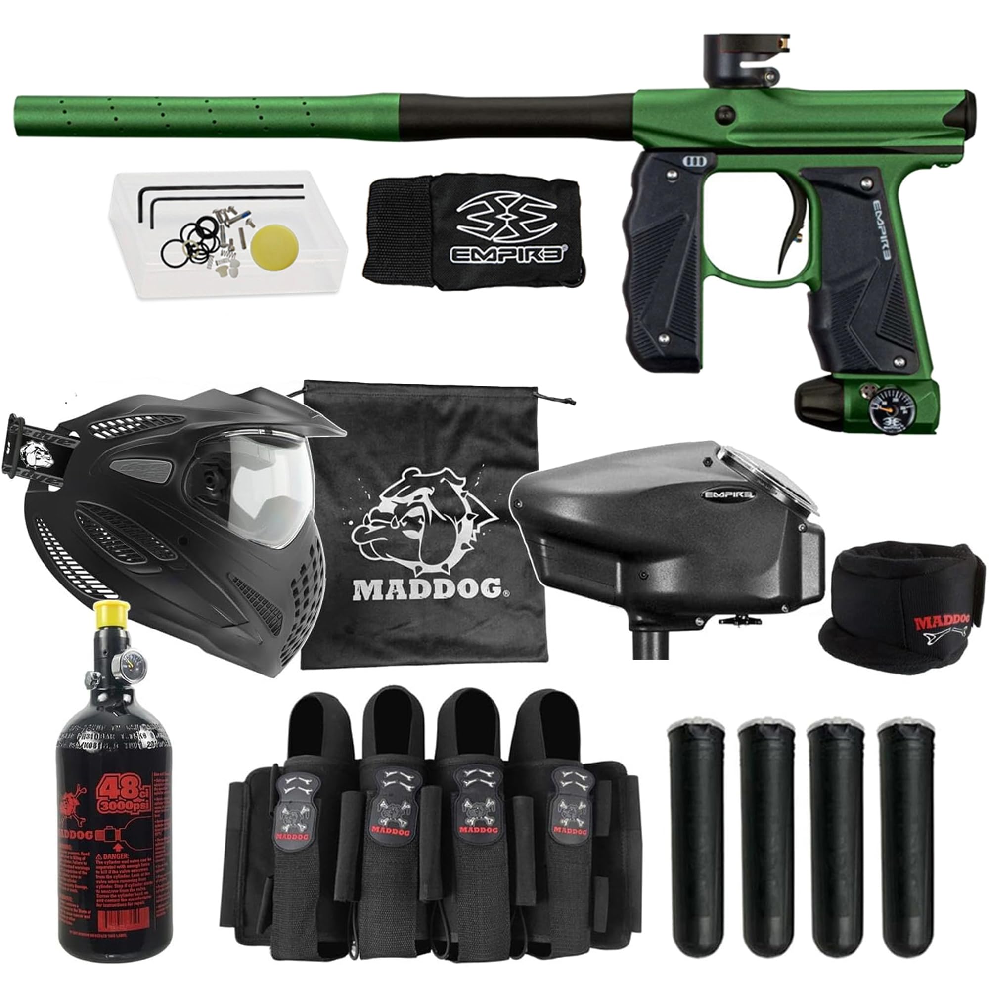 Maddog Empire Mini GS Full Auto Paintball Gun Marker w/HPA Tank, Empire Halo Too Loader, Thermal Anti-Fog Paintball Mask Goggle, Neck Protector, 4+3 Harness &amp; (4) Pods Starter Package Green/Brown