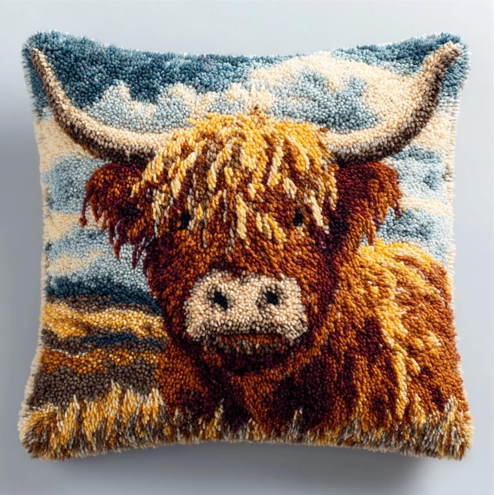 Taxpy Latch Hook Pillow Case Kits,Highland Cattle 17X17Inch 3D DIY Latch Hook Cushion Cover Kit,Knitting Kits Cushion for Adults and Beginners Rug Making Kit for Starters