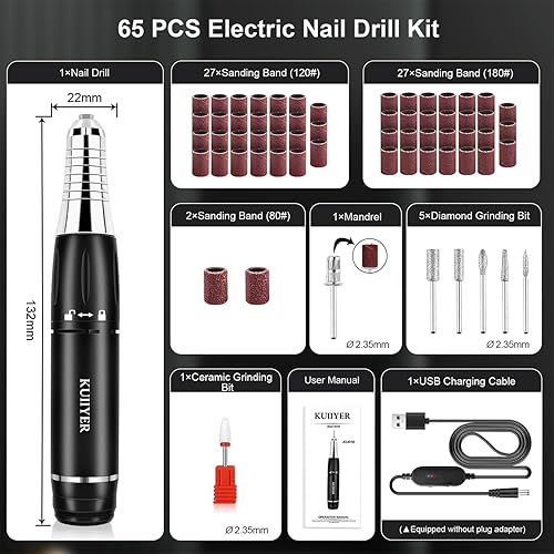 Miniatura 7 de KUIIYER Taladro eléctrico de uñas, juego de lima de uñas eléctrica profesional de 30000 rpm, kit de manicura y pedicura portátil Efile con bloqueo