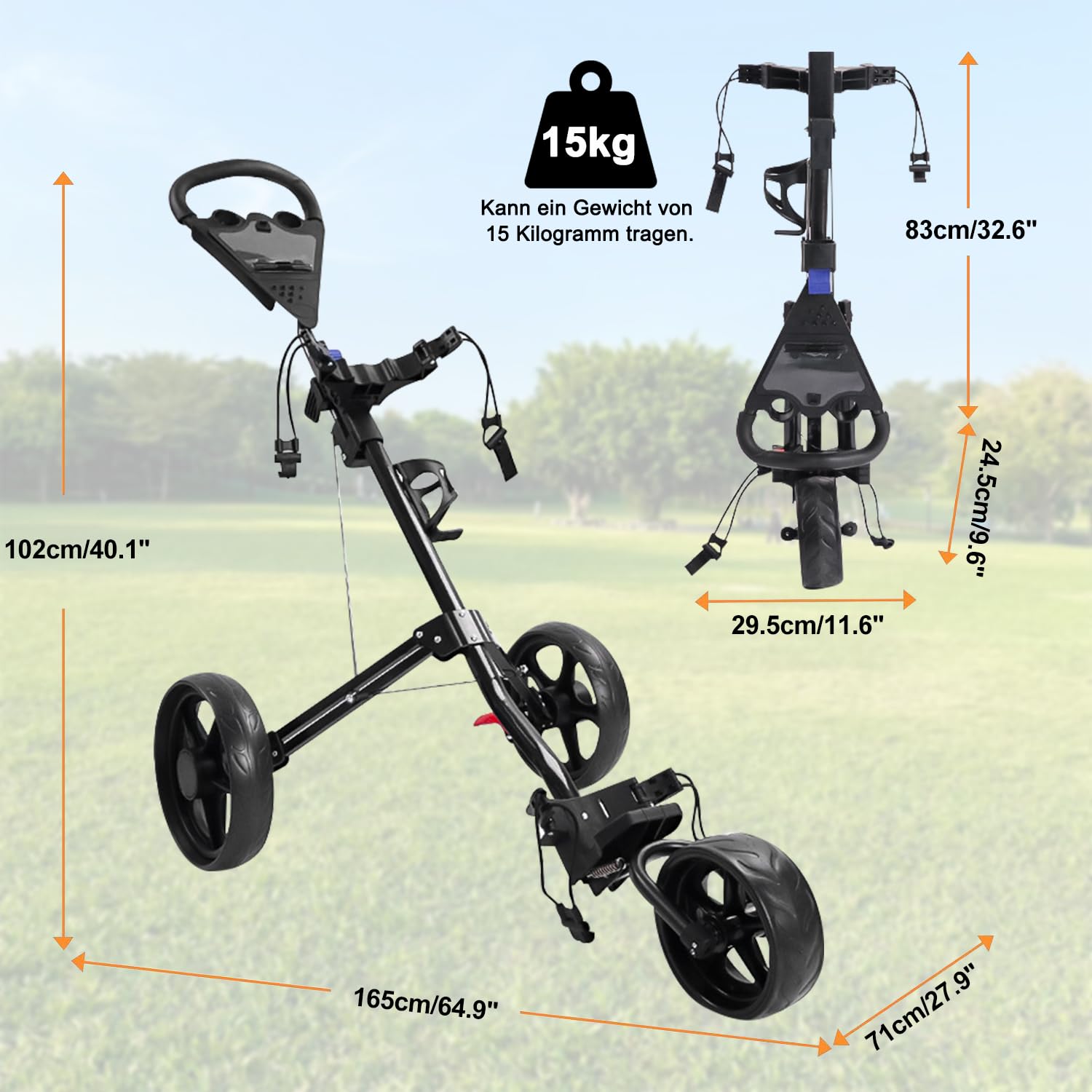 Golf Trolley, Leichte Faltbare Golf Buggy, Verstellbare Elastische Riemen, FußBremse Scorecard Cup Holder, GroßE RäDer FüR Verschiedene Terrains