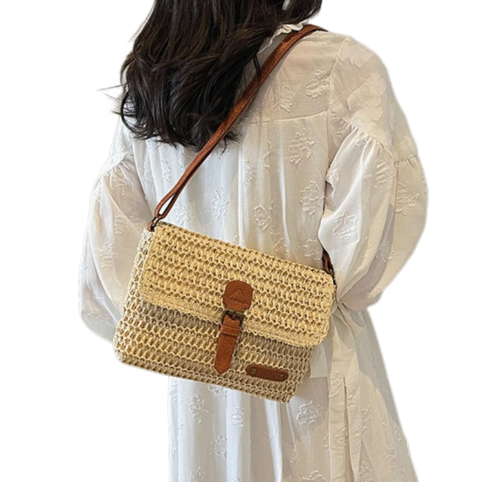 Beauty Case Borsa A Spalla di Paglia Tessuta Donna Crossbody Leggera Viaggio Spiaggia Estiva Elegante-Beige
