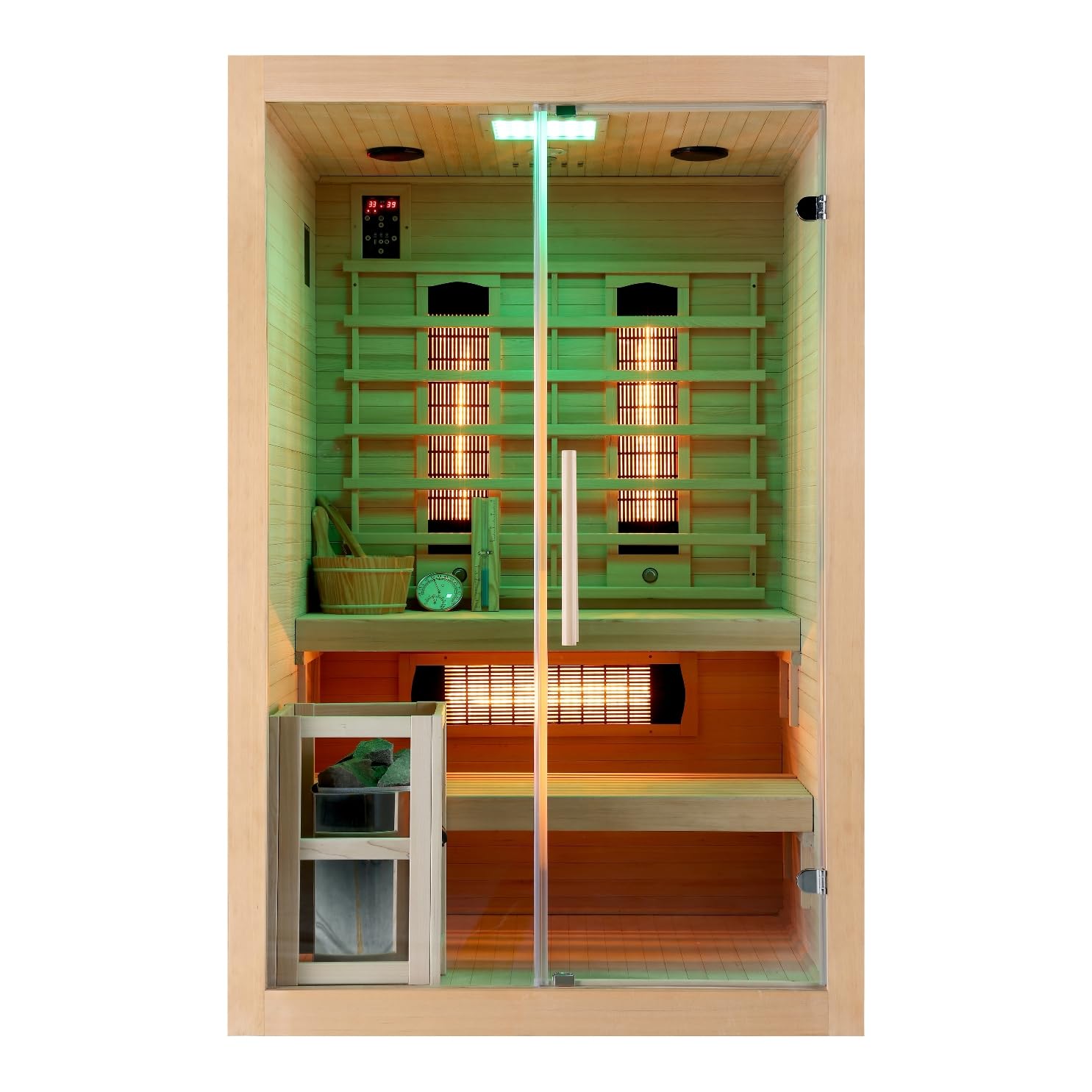Cabina a infrarossi e sauna finlandese TWINCOMBI – 130 x 120 x 200 cm – per 2 persone, faretto a spettro completo, forno per sauna con pietre per sauna, luce a LED (7 colori), lettore MP3 incluso