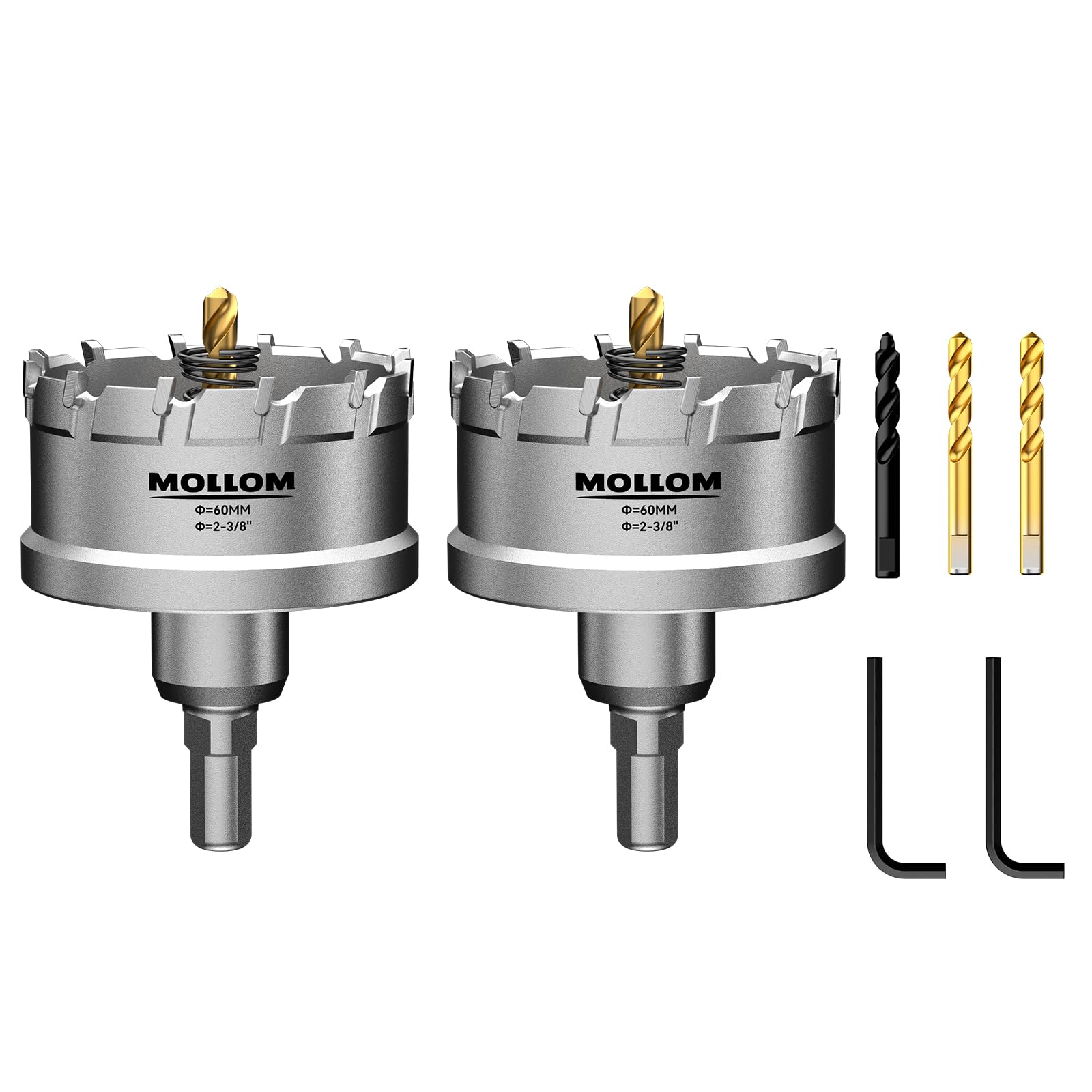 Mollom 2-3/8Inch (60mm) 2Pcs Heavy Duty Carbide Hole Saws, Hole Cutters for Stainless Steel, mild Steel, Iron, Copper, Brass, Plastic