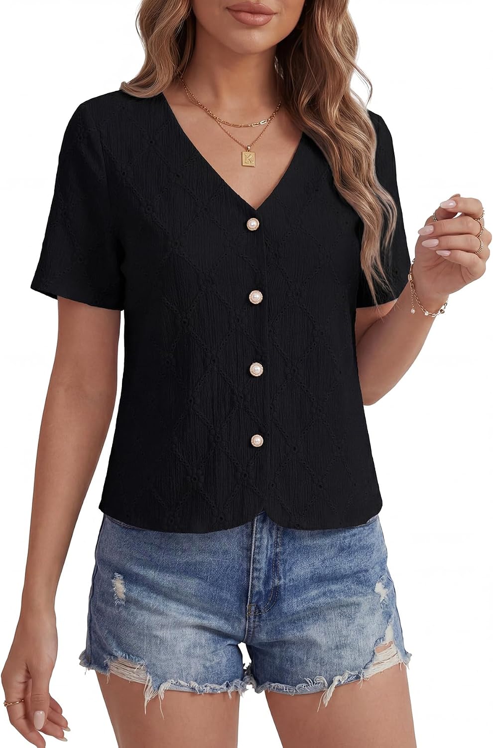 Rooscier Women's Eyelet Embroidery Button Down V Neck Short Sleeve Elegant Casual Dressy Blouse Top