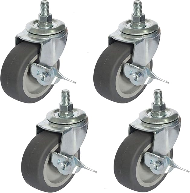 OK5STAR M12 Castor Wheels Heavy Duty 75mm Threaded Stem Rubber Swivel Trolley Furniture Caster with Brake 4 Pack