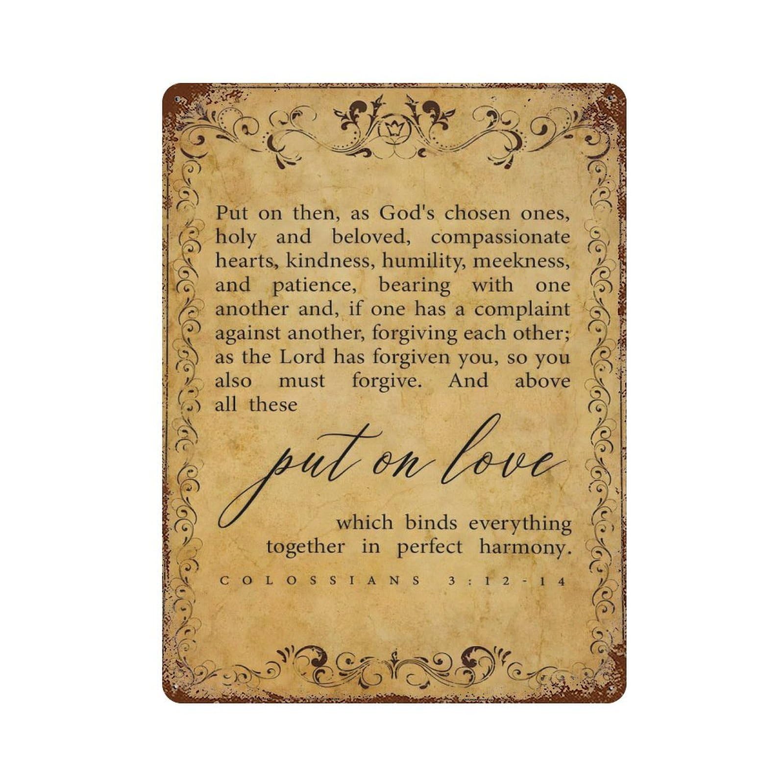 xiaoxiaoshen Bible Verse Wall Art Colossians 3 12-14 Wall Decor Art Metal Tin Poster Modern Home Decor Art Home Bar Shop Decorations Vintage Sign 40x30cm