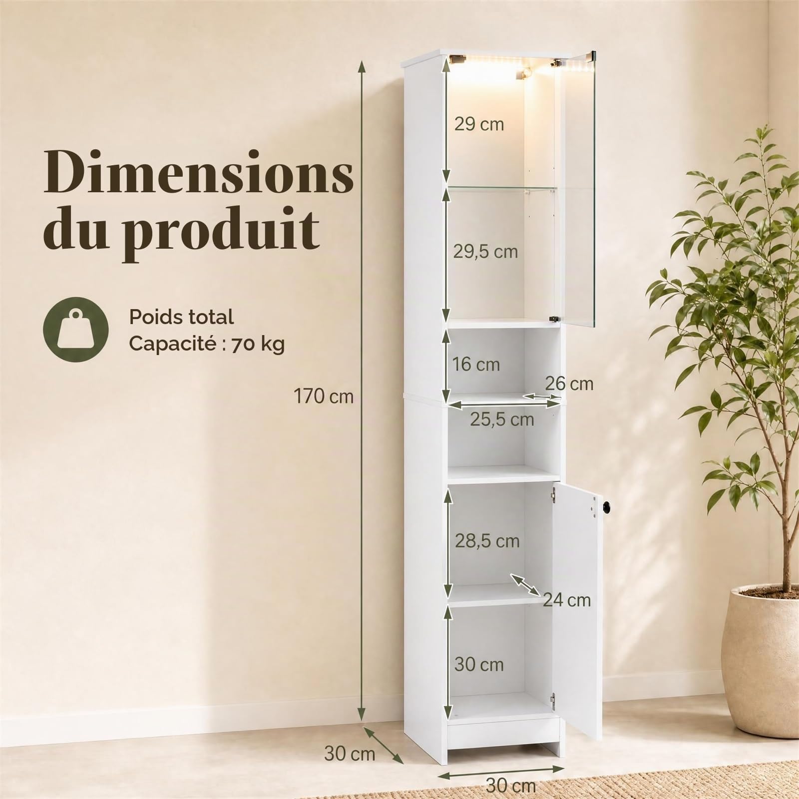 LIFEZEAL Meuble Salle de Bain avec LED, Télécommande, Colonne de Rangement Étroit Haut avec Porte en Verre Trempé, Étagères Réglables, Armoire sur Pied pour WC Cuisine Salon, 30 x 30 x 170 cm (Blanc)
