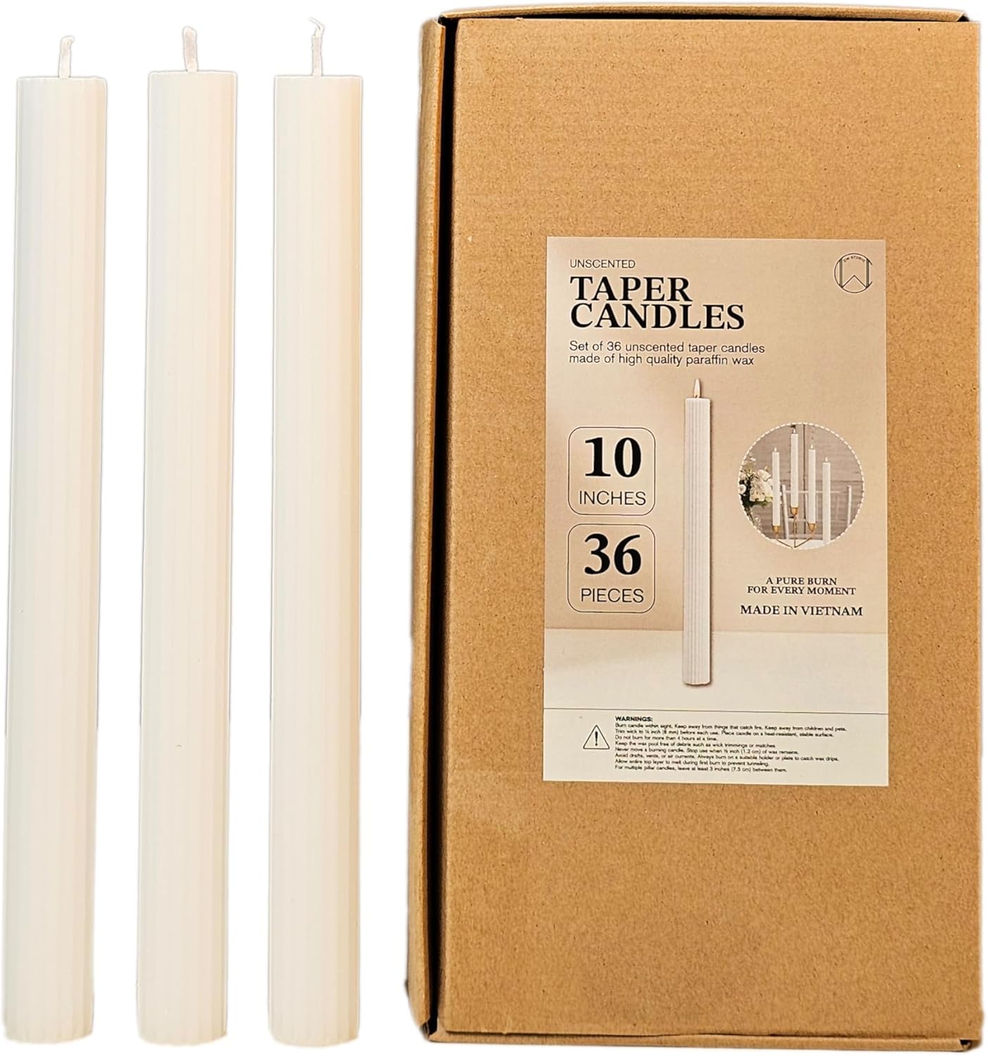 CW Studio 0.78x10 Inch Unscented Ribbed Taper Candles – Elegant Fluted Design, 11-Hour Burn, Dripless, Perfect for Home Decor, Weddings, Events & Dinners (36, White)