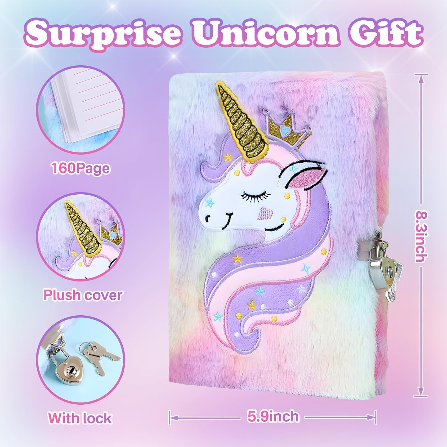 Unicorn Gifts Toys for Girls Kids Kindergarten Graduation Birthday for Age 3 4 5 6 7 8 9 10+Years Old Halloween Thanksgiving Christmas Age 6-8 Gifts Box Stuffed Diary with Lock