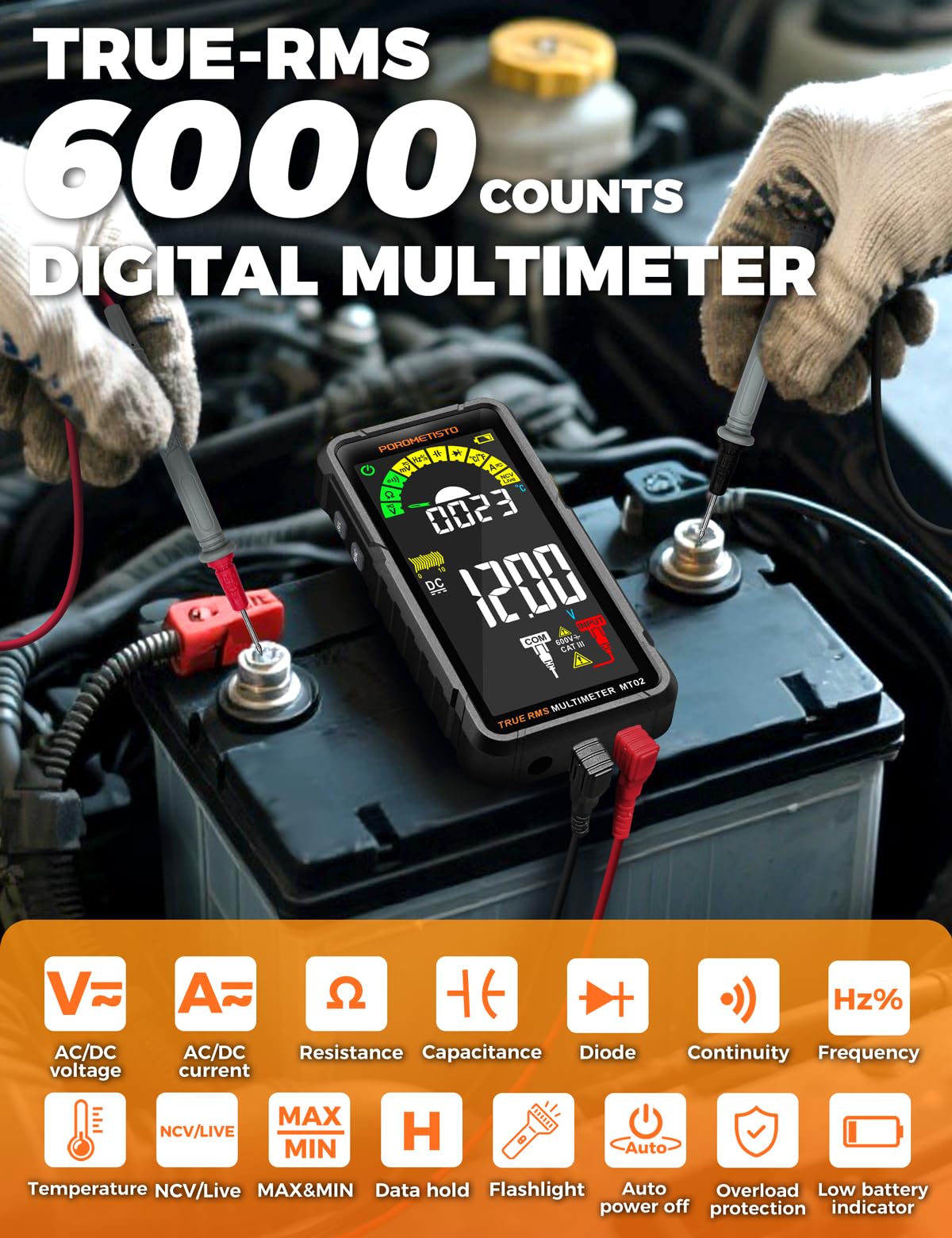 8 EN 1 POROMETISTO Multímetro Digital Profesional TRMS 6000 Conteos | Recargable, multímetro digital: voltaje, corriente, resistencia, continuidad, ciclo trabajo, capacitancia, frecuencia