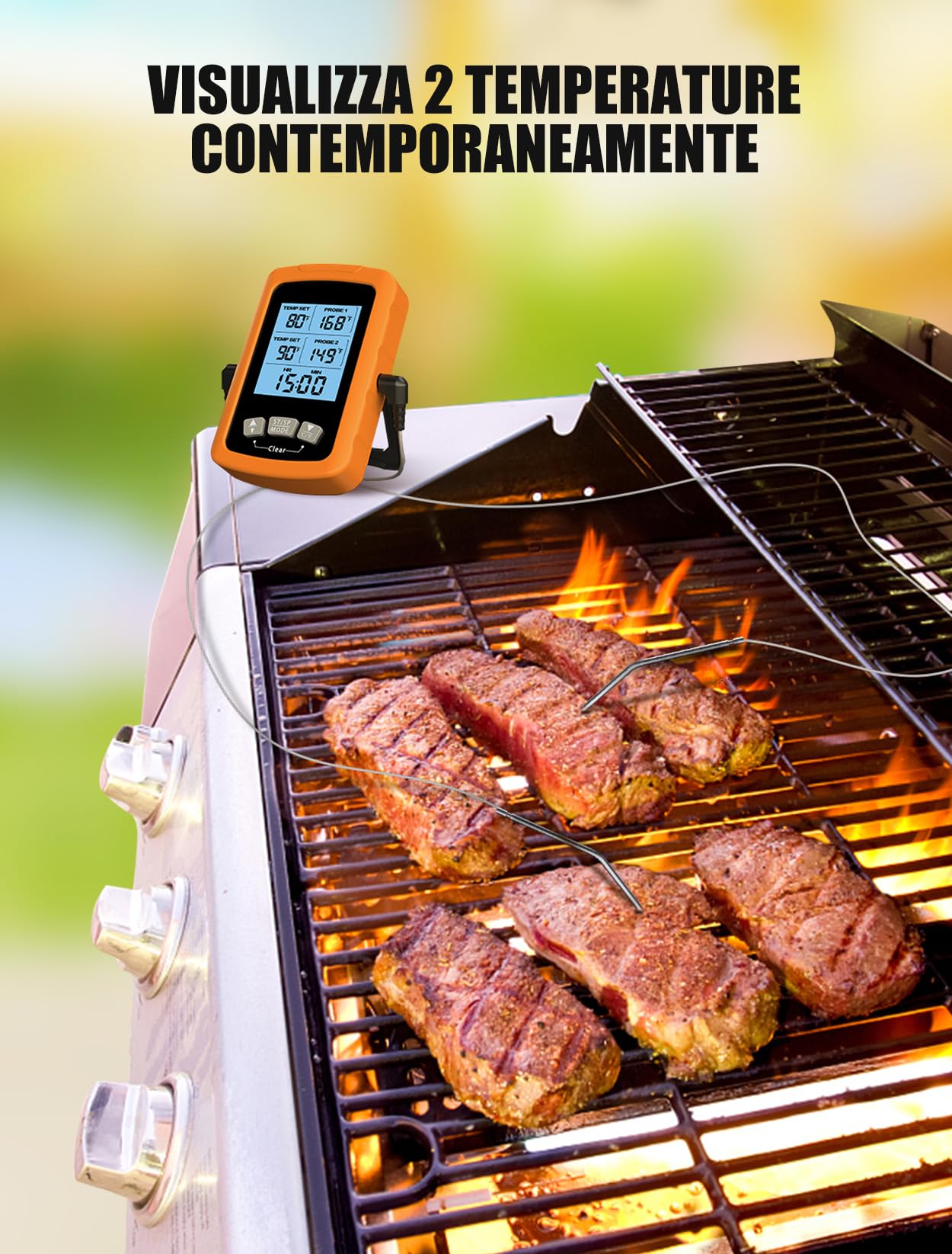 CIRYCASE Termometro Cucina Doppia Sonda 16.3cm, Termometri Barbecue Lettura Rapida & Precisa, Termometri da Vino Forno Auto Spegnimento con Schermo LCD Digitale e Impostazione Allarme per BBQ Grill
