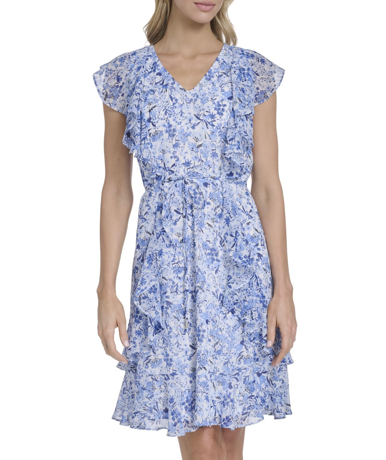 Tommy Hilfiger Women's Sleeveless V-Neck Ruffle Trim Tie Waist Chiffon Mini Dress