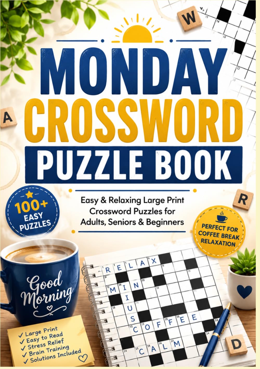 MONDAY CROSSWORD PUZZLE BOOK: Easy & Relaxing Large Print Crossword Puzzles for Adults, Seniors & Beginners