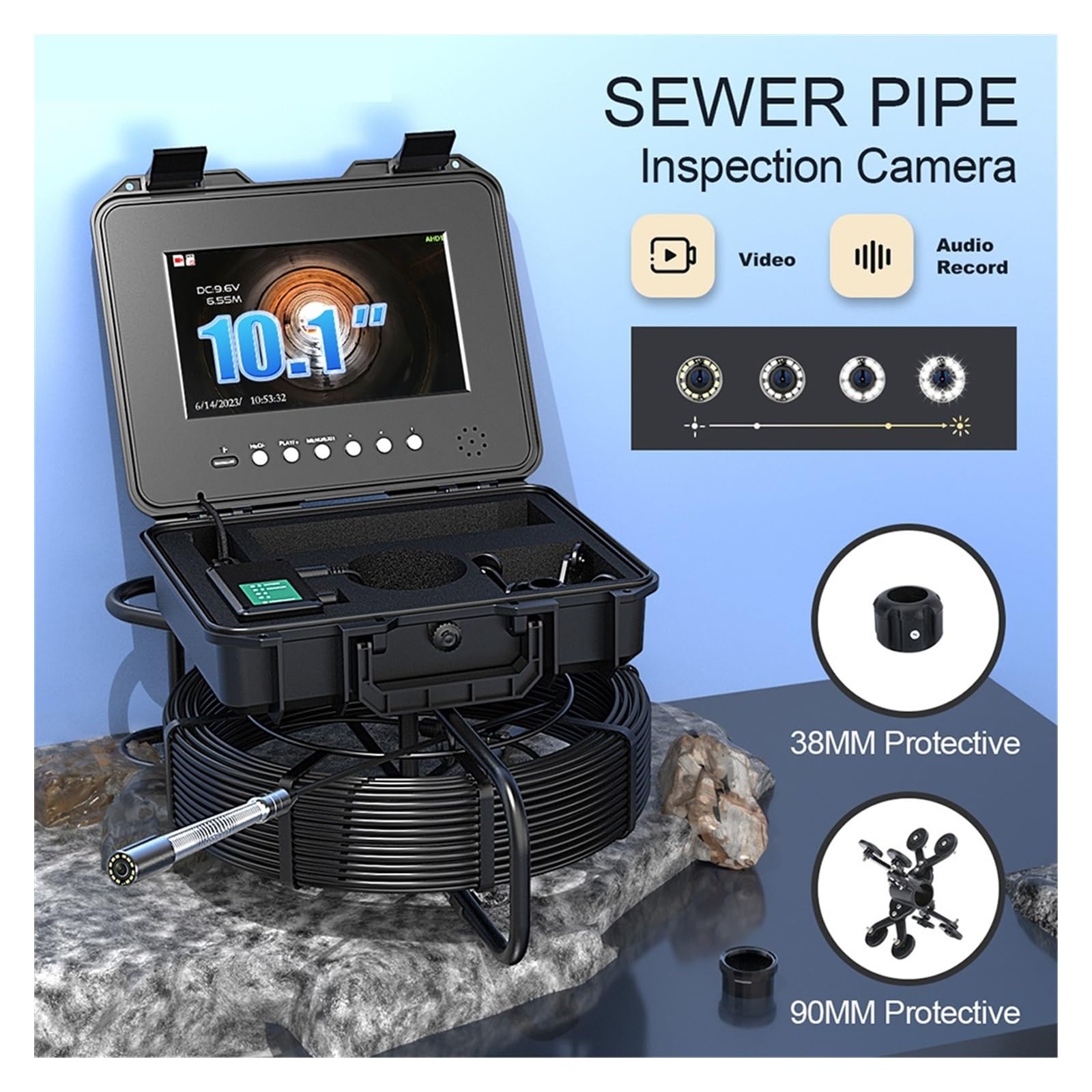 10,1 "IPS 23MM tubería drenaje de alcantarillado cámara inspección endoscopio contador teclado DVR AHD 1080P IP68 boroscopio con tarjeta vídeo(50m,7MM Fiberglass cable)