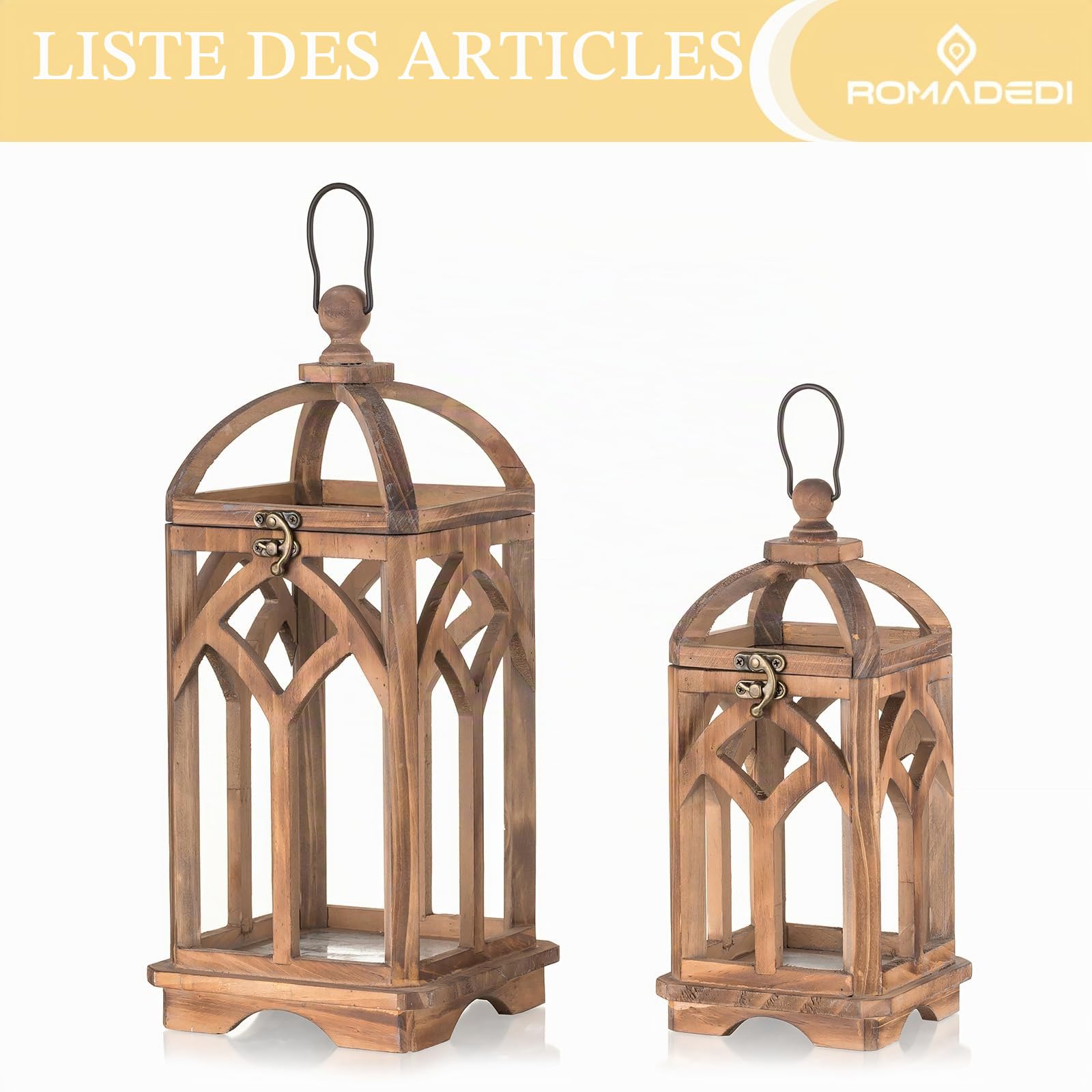 Romadedi Lot de 2 lanternes en Bois Marron à Toit Arrondi, 30/40 cm | Deux tailles pour bougies cylindriques, décoration de table, maison, mariage, jardin et extérieur couvert