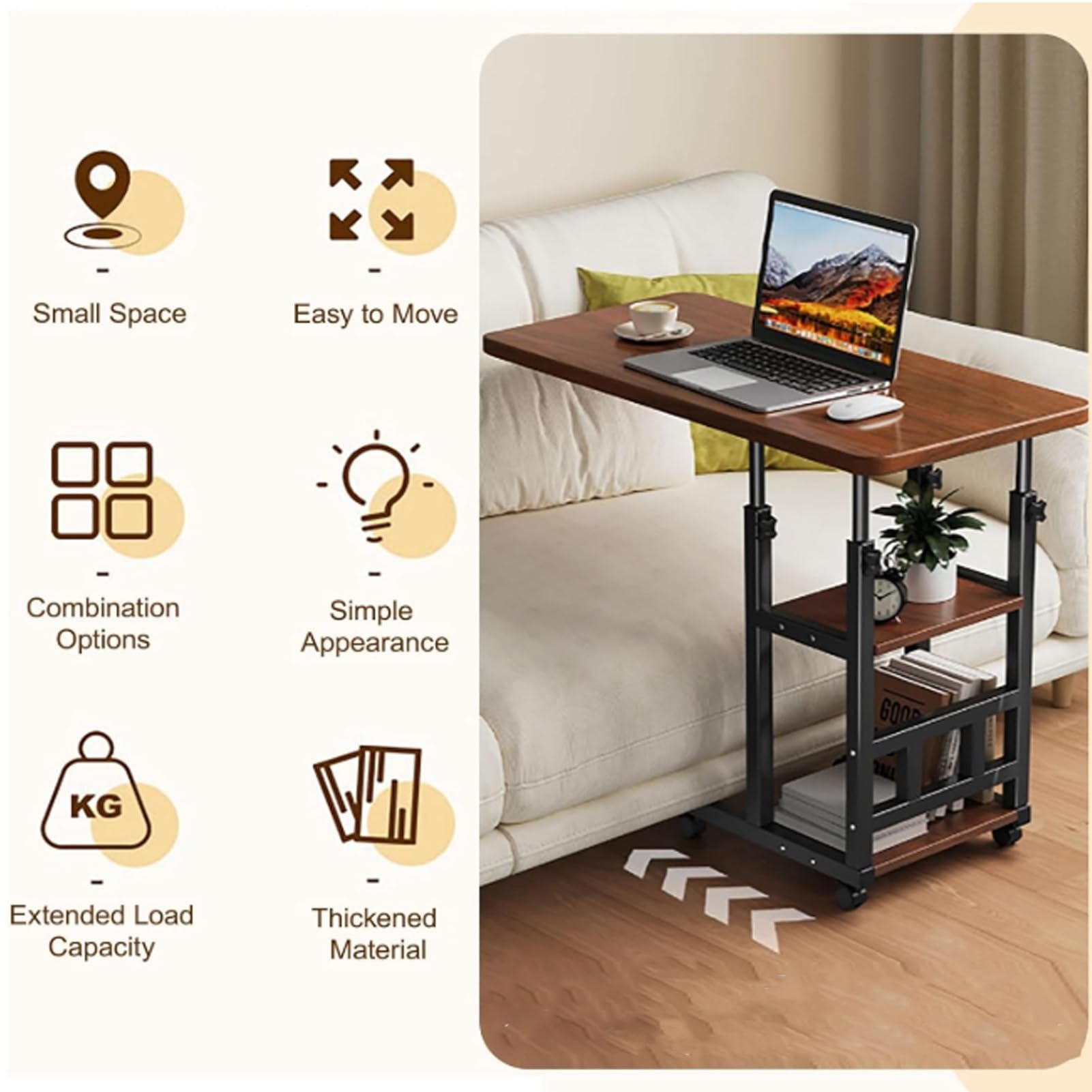 Tavolino da Letto con Ruote e Altezza Regolabile, Carrello for Laptop a 3 Livelli, Tavolino Laterale a Forma di C for Camera da Letto, Soggiorno, Ospedale(Natural,80cm/31.5in)