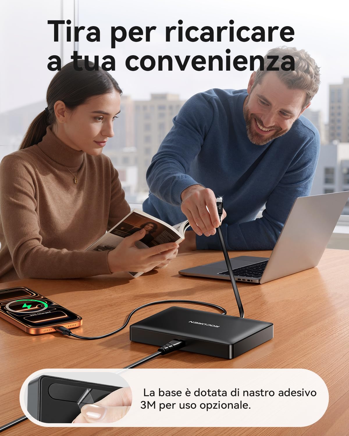 Rocoren Caricatore USB C 8 in 1 Multiplo con Cavo Retrattile, Ricarica USB GaN, più Dispositivi Compatibili con Laptop, MacBook, iPad, iPhone, Samsung e Altro Ancora
