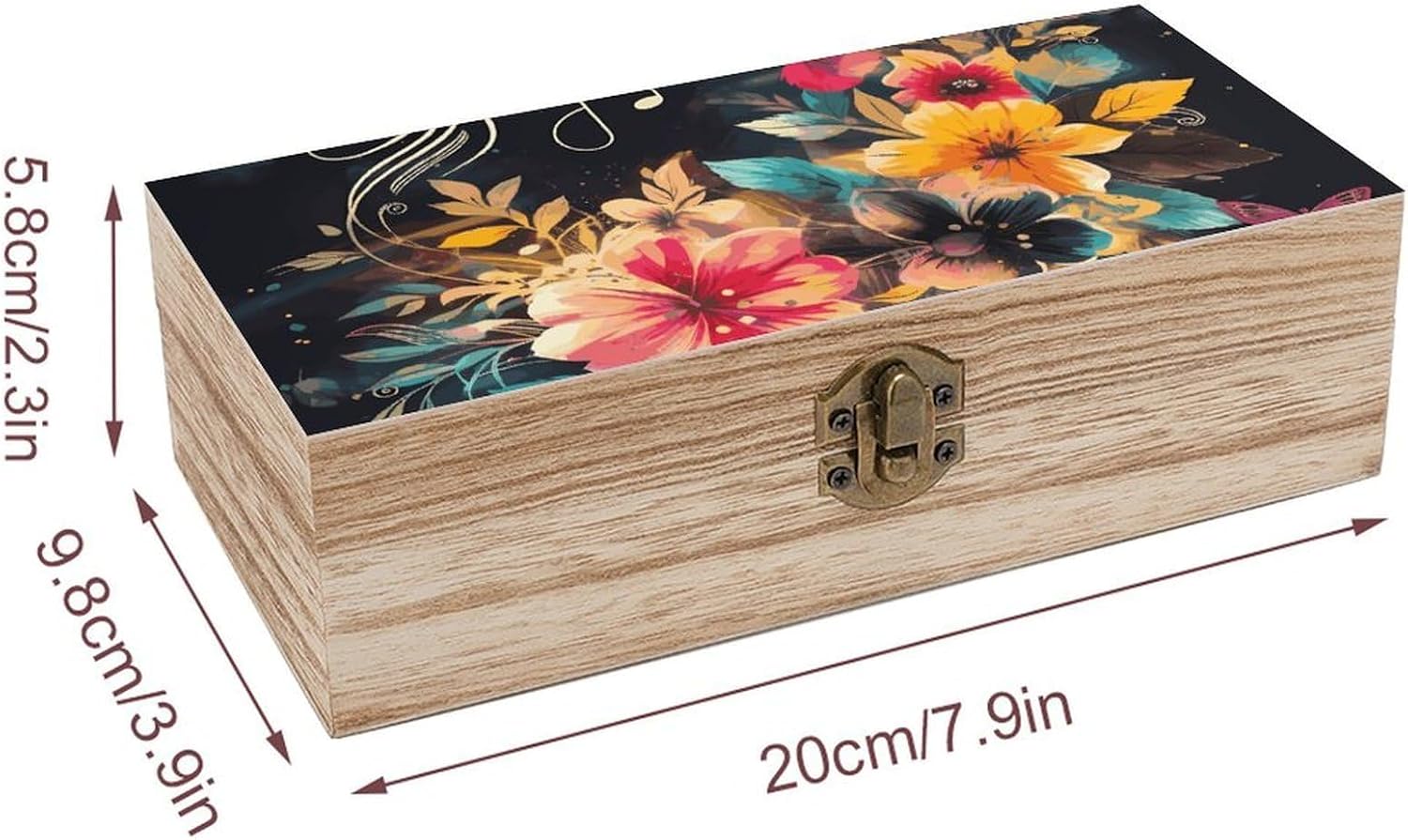Colorful Flowers Wooden Storage Box Rectangular Wood Keepsake Box with A Hinged Lid Tabletop Decorative Organization Boxes Jewelry Container for Home Office Counter image 2