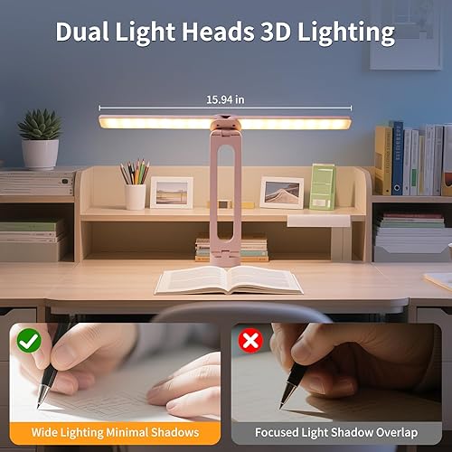 Miniatura 5 de Lámpara de escritorio LED plegable y ajustable, luz portátil de doble cabezal con atenuación continua y 3 modos de color para mesita de noche,
